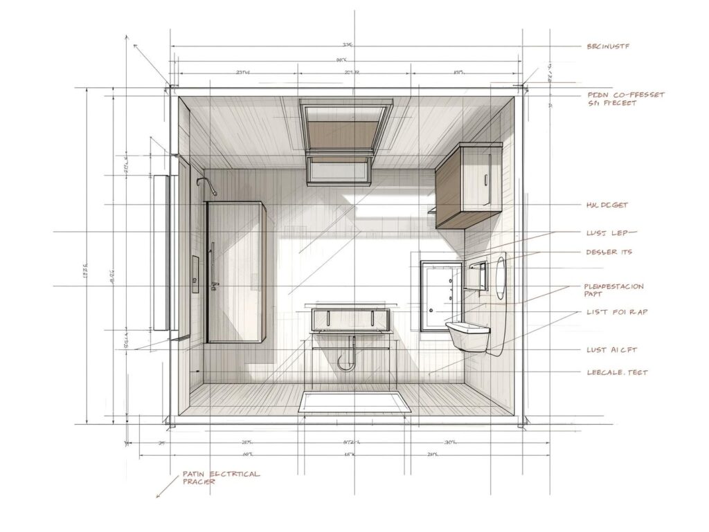 Bathroom renovations layout plan with lighting and plumbing design
