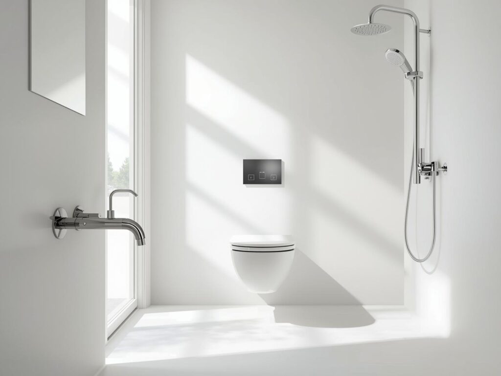 Modern bathroom interior featuring Parryware bathroom fixtures and fittings in chrome finish