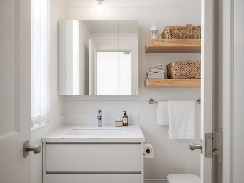 Modern small bathroom showcasing creative bathroom storage ideas with floating shelves and mirror cabinet.