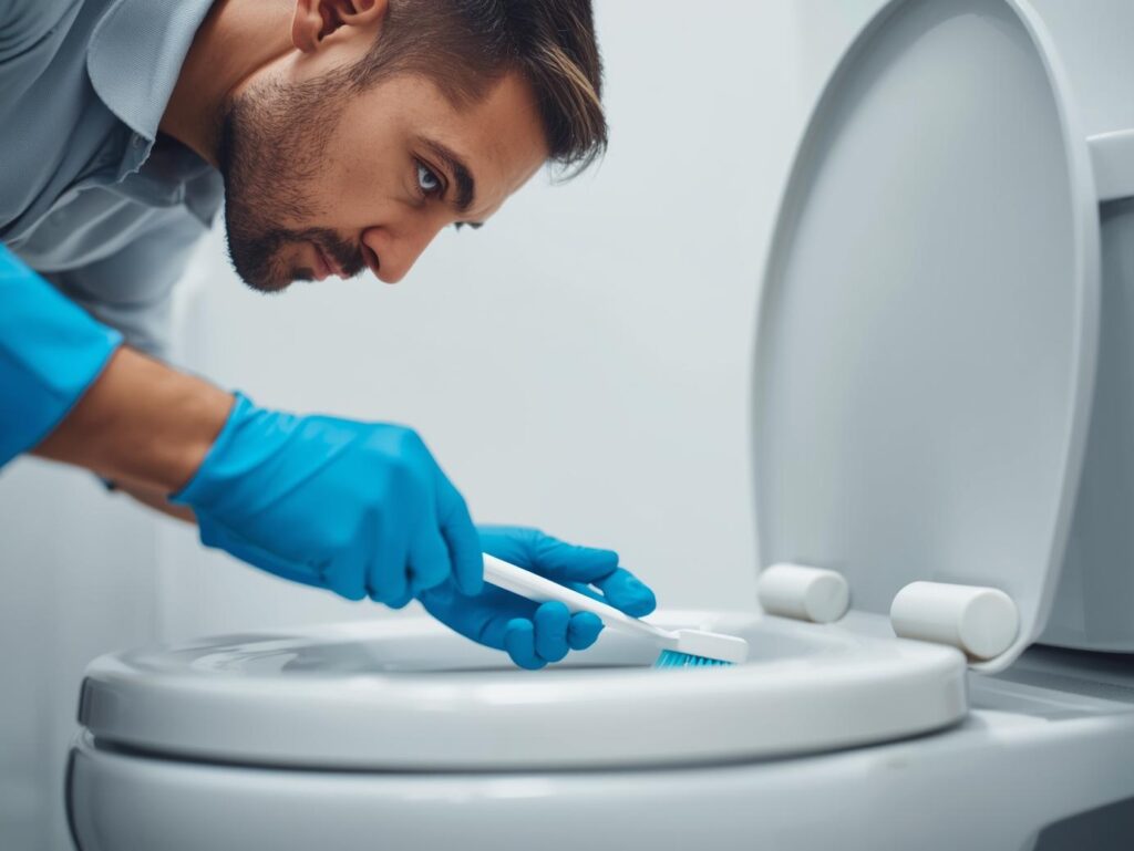 Person disinfecting toilet during bathroom cleaning routine