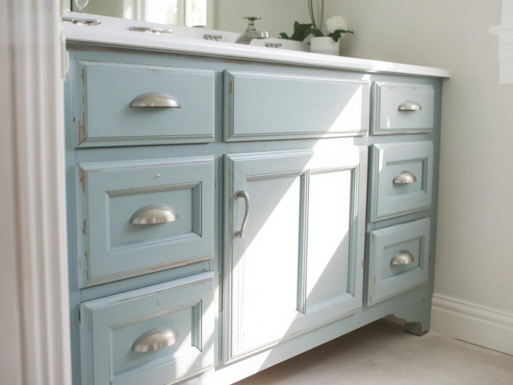 Reused bathroom vanity makeover lowering bathroom renovation cost.