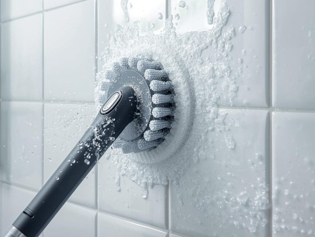 Using power scrubber for bathroom deep cleaning