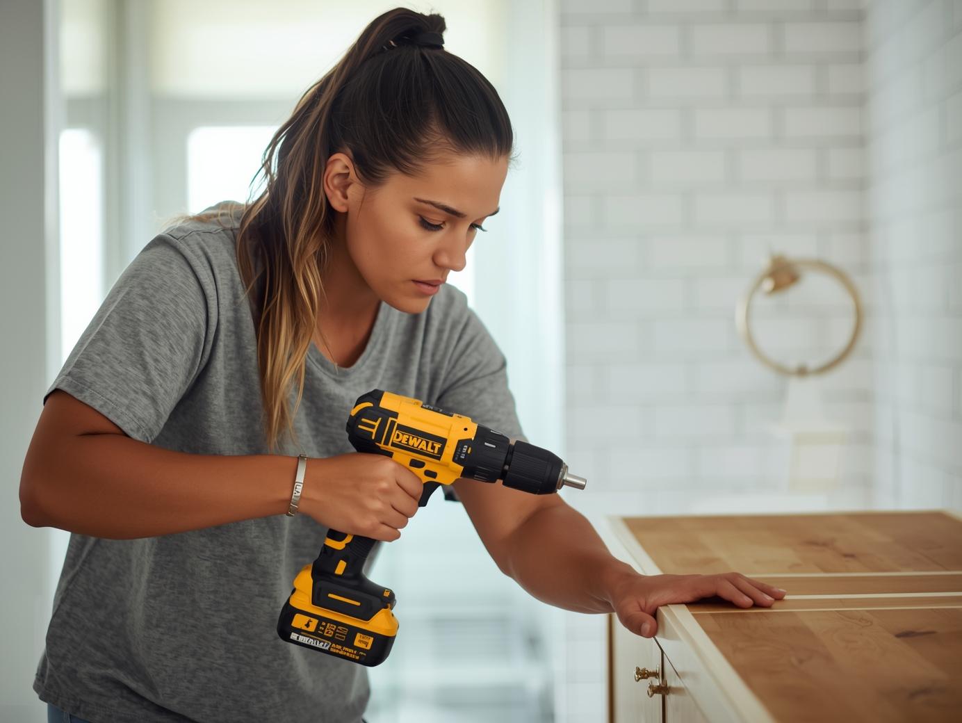 DIY homeowner using tools to reduce bathroom renovation cost.