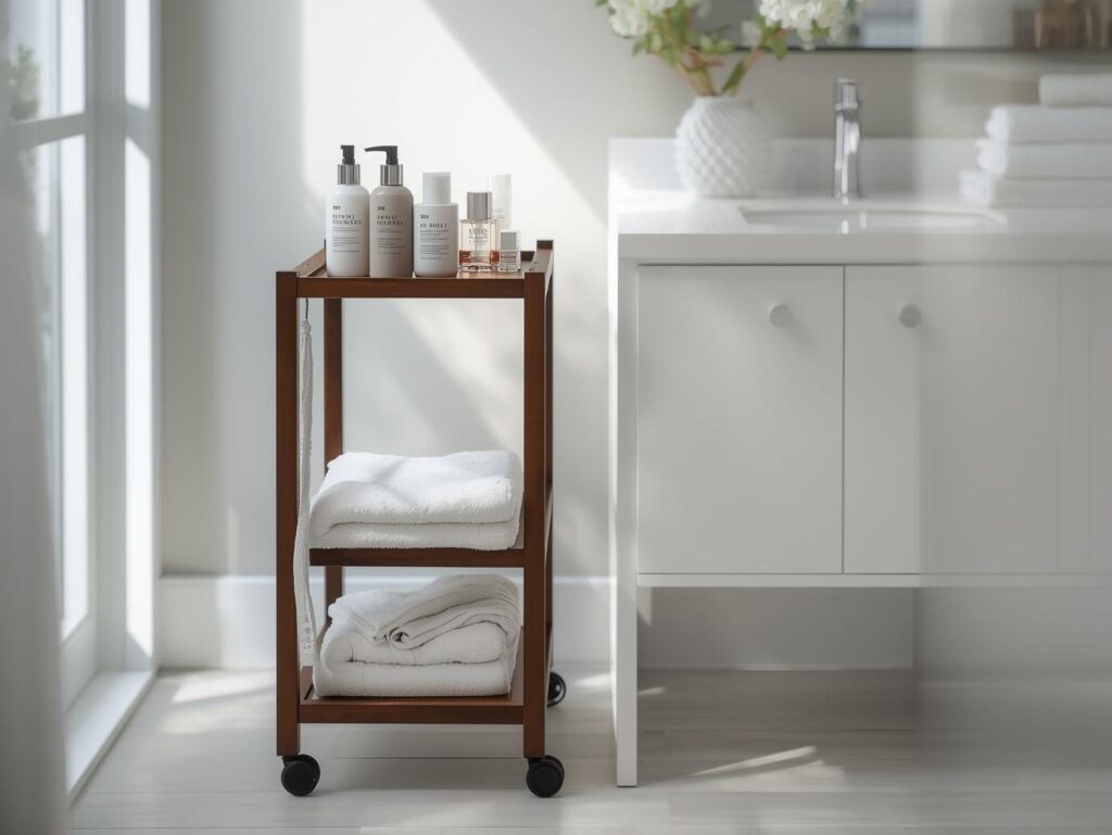 Slim rolling cart beside bathroom vanity showing space-saving bathroom storage ideas.
