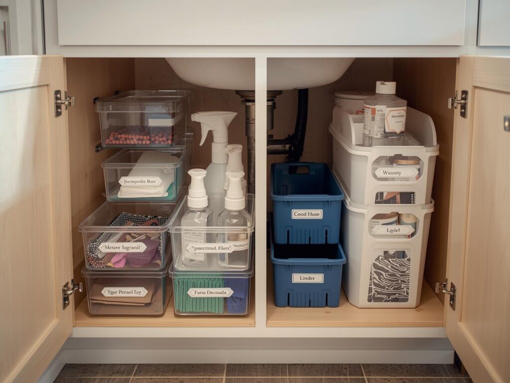 Under-sink cabinet neatly organized with bins and drawers for effective bathroom storage ideas.