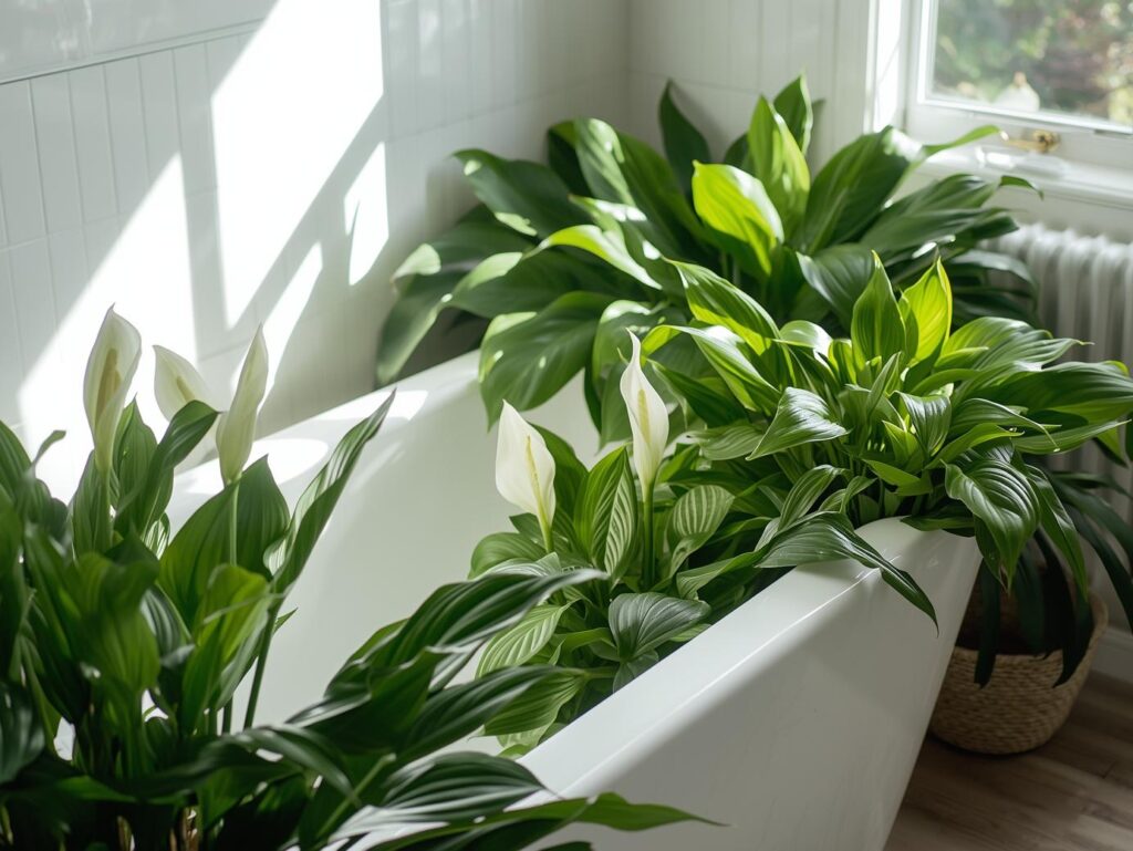Air-purifying indoor plants like Boston fern displayed as part of the 2025 bathroom trend.