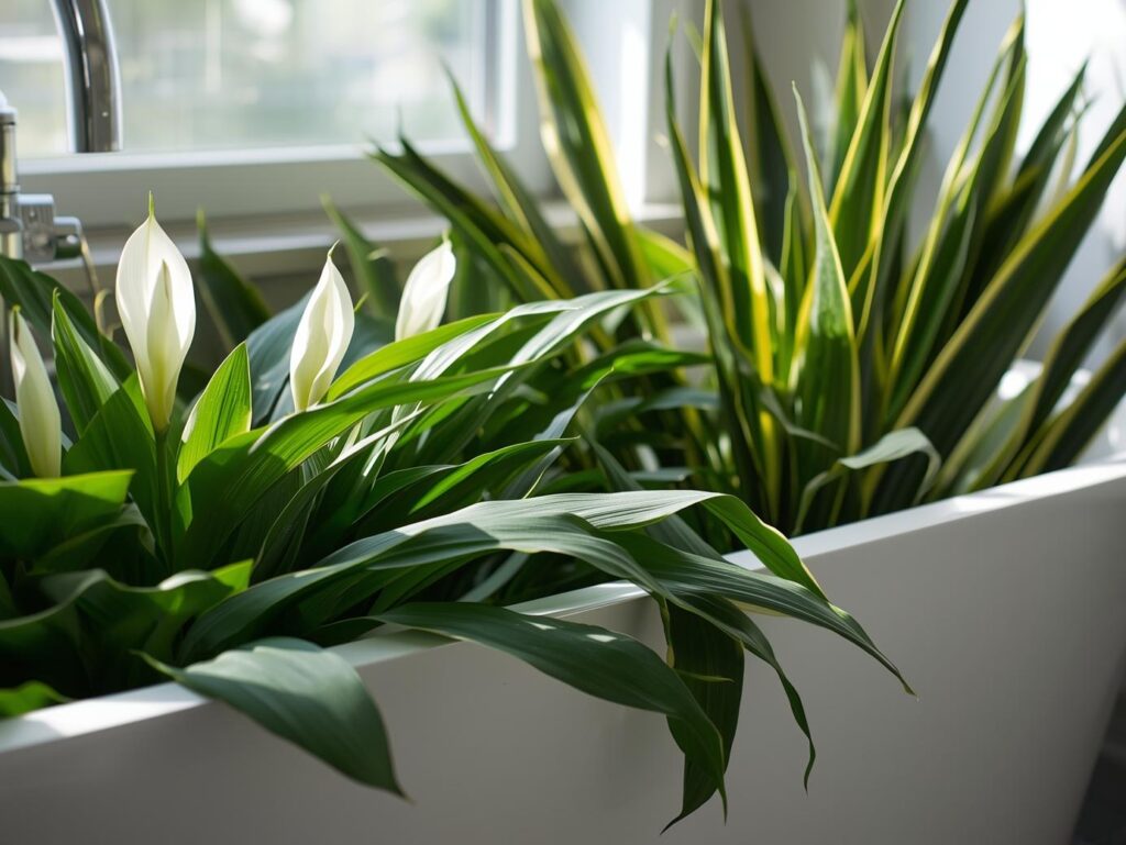 Indoor plants like peace lilies and snake plants enhancing a calm bathroom trend.