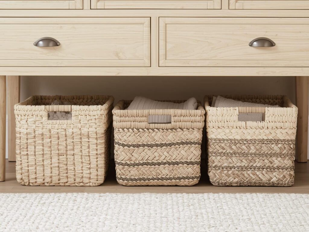 Bathroom vanity organized with baskets and bins as smart bathroom storage ideas for small spaces.