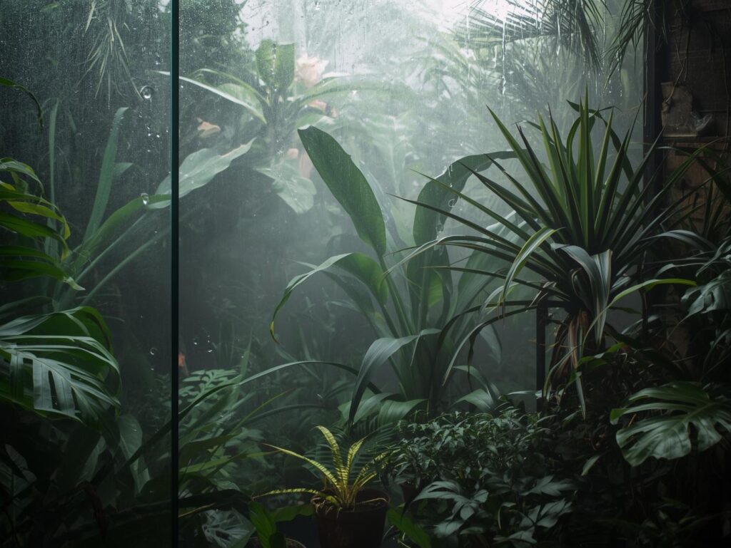 Tropical indoor plants thriving in humid bathroom conditions as part of a growing bathroom trend.
