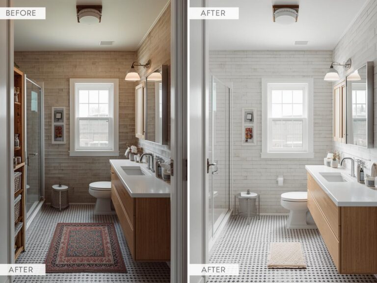 Before and after of modern bathroom renovations showcasing new fixtures and tiles.