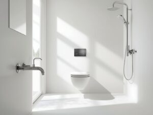 Modern bathroom interior featuring Parryware bathroom fixtures and fittings in chrome finish