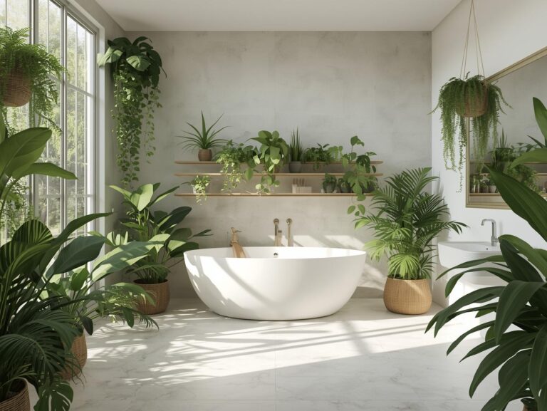 Modern bathroom featuring lush indoor plants as the leading bathroom trend of 2025.