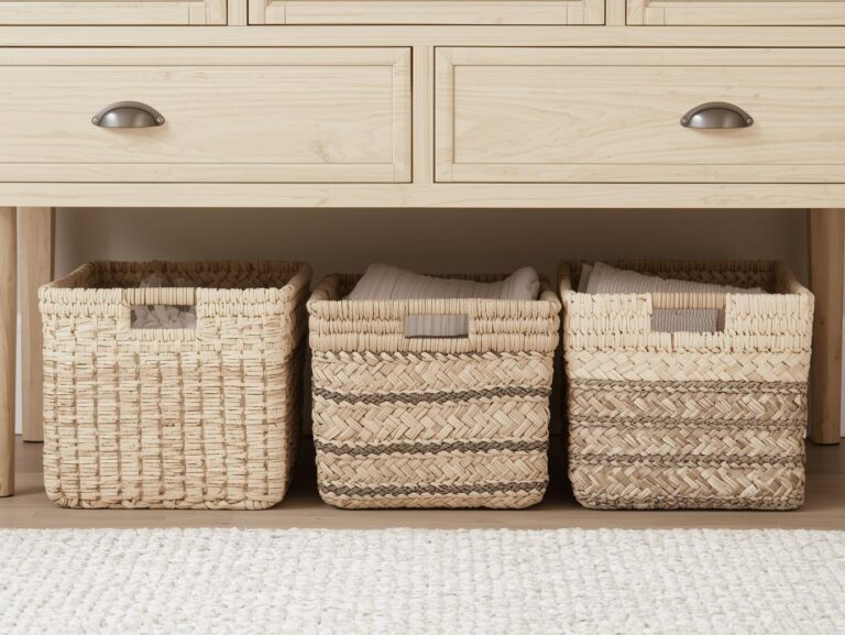 Bathroom vanity organized with baskets and bins as smart bathroom storage ideas for small spaces.