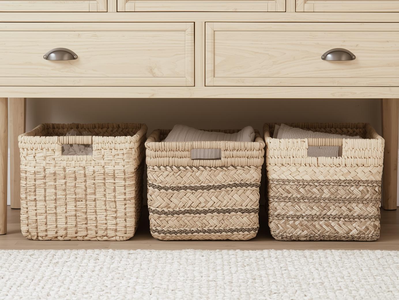 Bathroom vanity organized with baskets and bins as smart bathroom storage ideas for small spaces.